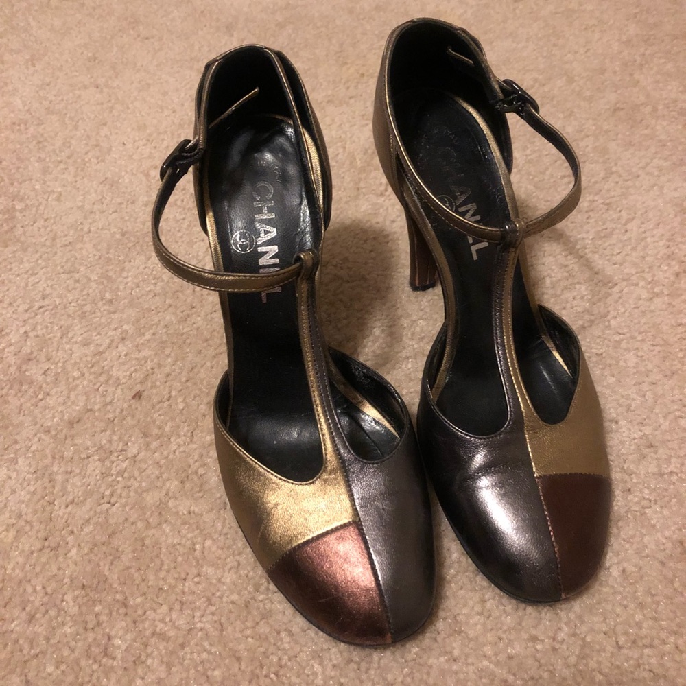 Vintage (2005 or so) metallic Chanel T-strap pumps